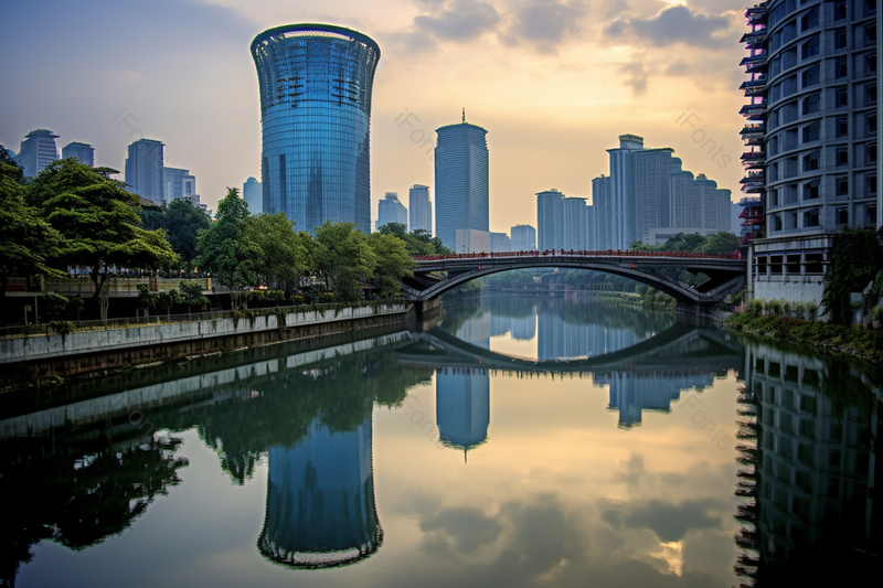 夕阳下的湖秒的桥和沿岸的高楼建筑,高清,摄影图,摄影图片,图片大全,摄影图免费下载